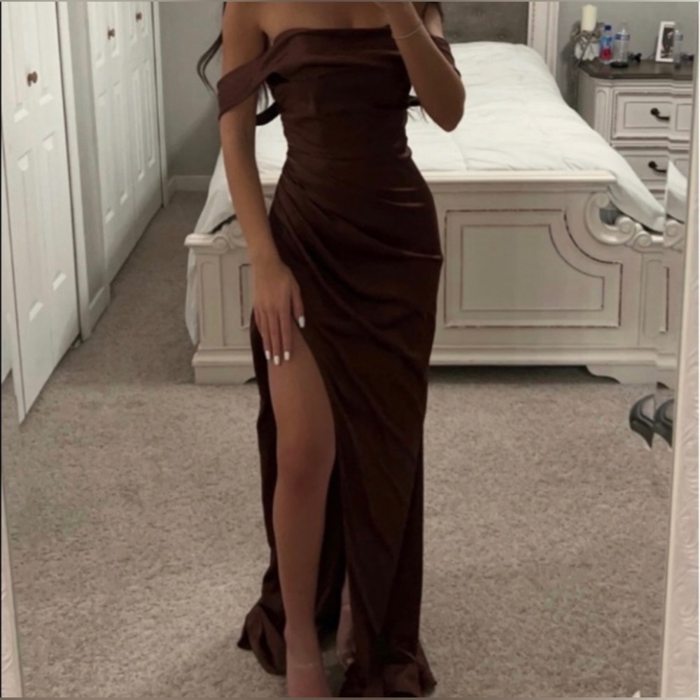 Mahogany off shoulder wedding prom long maxi gown dress